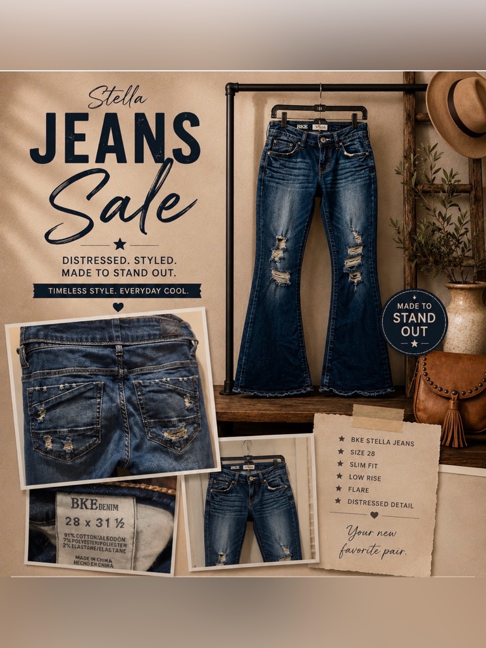 BKE Stella Distressed Flare Jeans - Dark Blue SZ 28x31 1/2